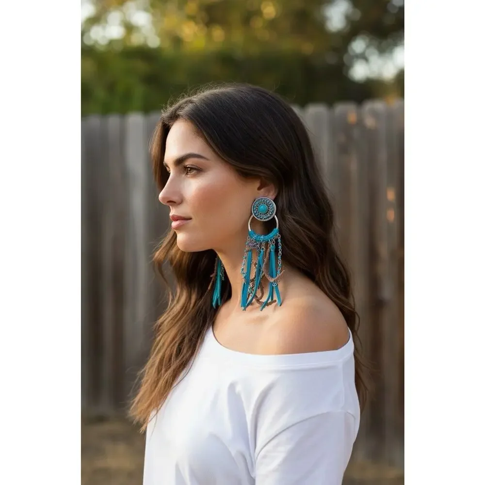 Justin Boots Turquoise Concho Fringe Earrings Western Cowgirl Boho Statement NWT